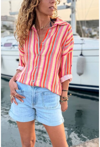 İtalyan Turuncu Uzun Kol Çizgili Apoletli Keten Dokuma Gömlek 70 58