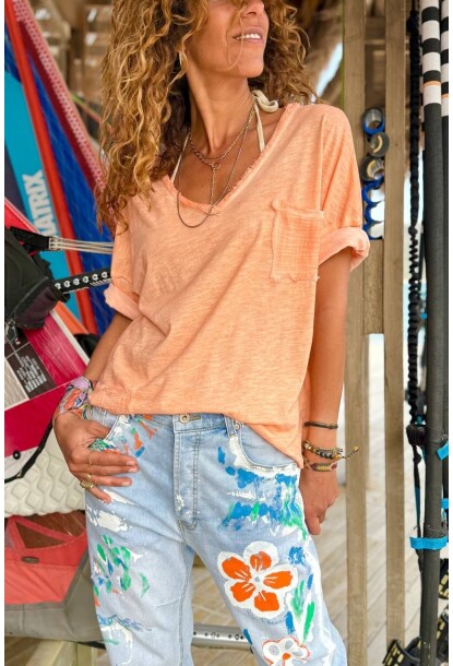 İtalyan Turuncu V Yaka Kısa Kol Tek Cepli Yıkamalı Salaş Örme Bluz 65 60