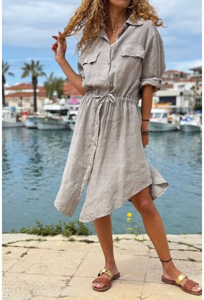 İtalyan Vizon Uzun Kol Düğmeli Cepli Apoletli Kuşaklı Safari Keten Dokuma Gömlek Elbise 110 63