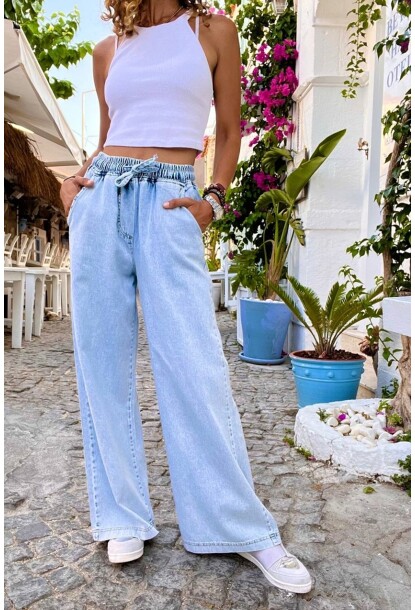 Açık Mavi Beli Lastikli Bol Paça Cepli Yıkamalı Kot Pantolon 100 30