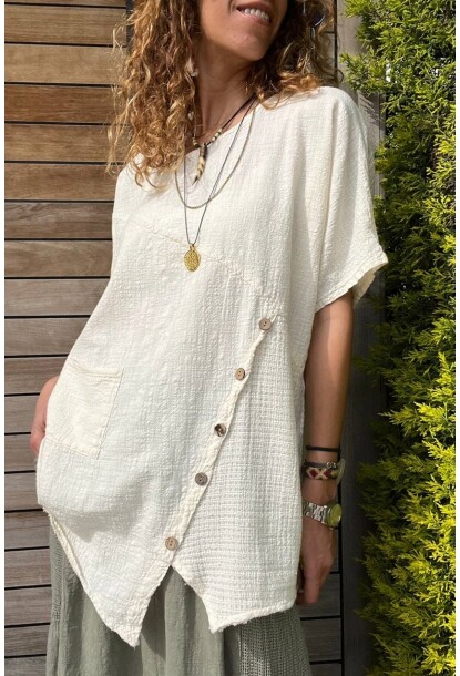 Bej Asimetrik Kesim Düğme Detaylı Tek Cep Keten Görünümlü Salaş Bluz RSD1232 66 66