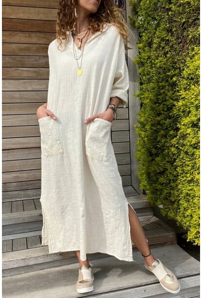 Bej Kapüşonlu Cebi Pullu Salaş Keten Görünümlü Uzun Elbise 118 63