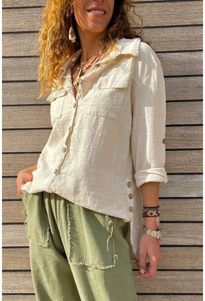 Bej Yıkamalı Keten Yanı Düğmeli Çift Cep Salaş Gömlek Gk-Rsd3013 70 55