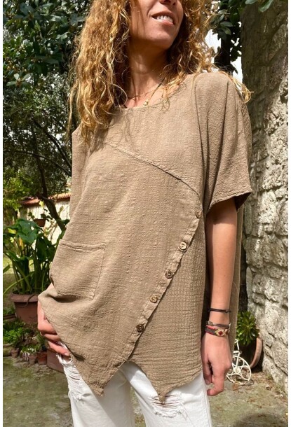 Bronz Asimetrik Kesim Düğme Detaylı Tek Cep Keten Görünümlü Salaş Bluz RSD1232 66 66