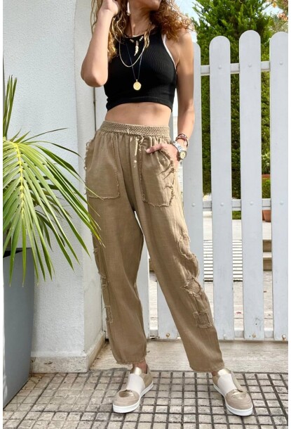Bronz Beli Lastikli Yıkamalı Keten Görünümlü Pis Dikiş Detaylı Salaş Şalvar Pantolon RSD1196 95 30
