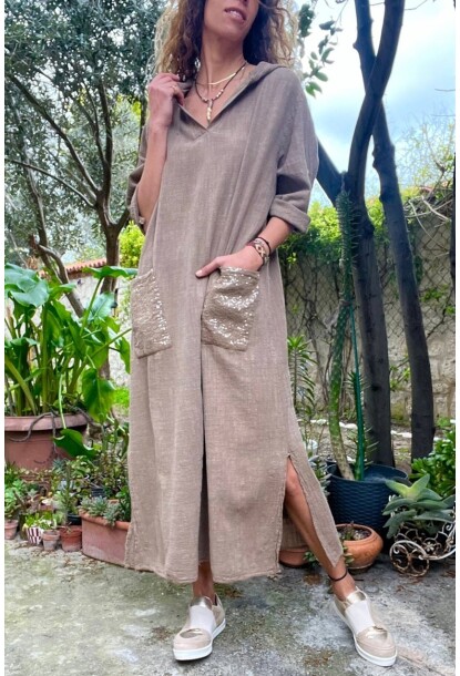 Bronz Kapüşonlu Cebi Pullu Salaş Keten Görünümlü Uzun Elbise Rsd1224 118 63
