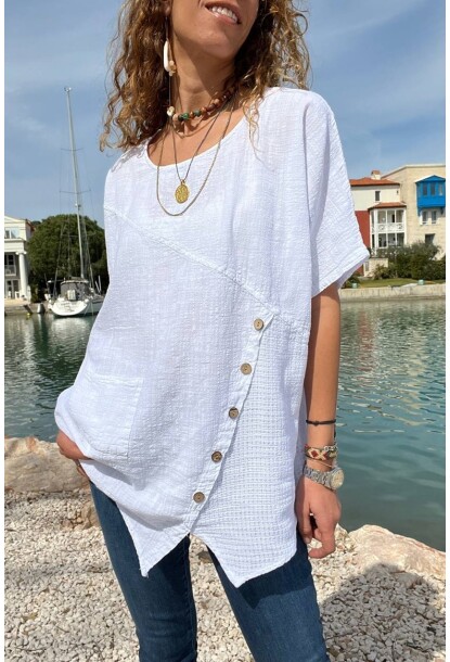 Ekru Asimetrik Kesim Düğme Detaylı Tek Cep Keten Görünümlü Salaş Bluz RSD1232 66 66