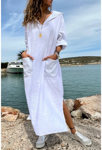 Ekru Kapüşonlu Cebi Pullu Salaş Keten Görünümlü Uzun Elbise 118 63