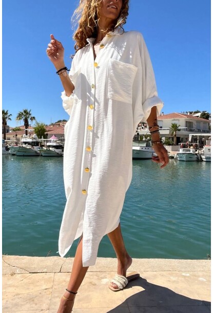 Kadın Ekru Keten Yarasa Kol Salaş Cepli Gömlek Elbise Bst3282