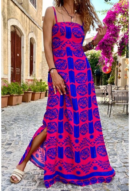 Kadın Fuşya Askılı Sırtı Nervürlü Yırtmaçlı Desenli Uzun Elbise BST3627