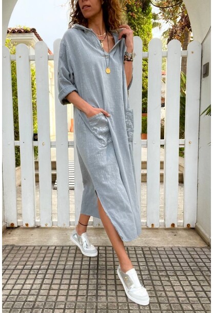 Gri Kapüşonlu Cebi Pullu Salaş Keten Görünümlü Uzun Elbise 118 63