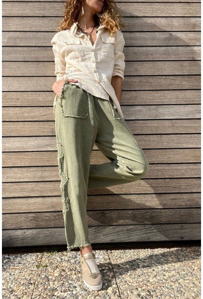 Haki Beli Lastikli Yıkamalı Keten Görünümlü Pis Dikiş Detaylı Salaş Şalvar Pantolon RSD1196 95 30