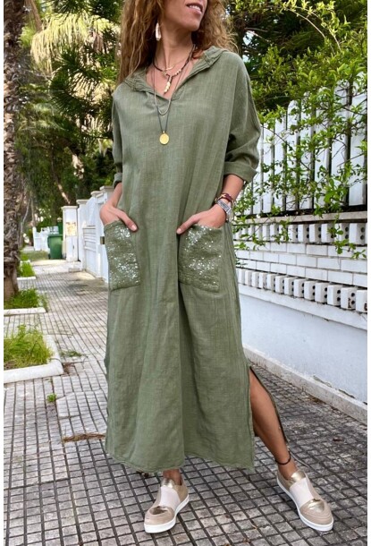 Haki Kapüşonlu Cebi Pullu Salaş Keten Görünümlü Uzun Elbise 118 63