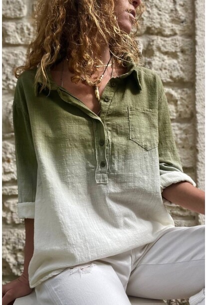 Haki Yıkamalı Keten Degrade Yarım Pat Bluz Gk-Rsd3009 70 55