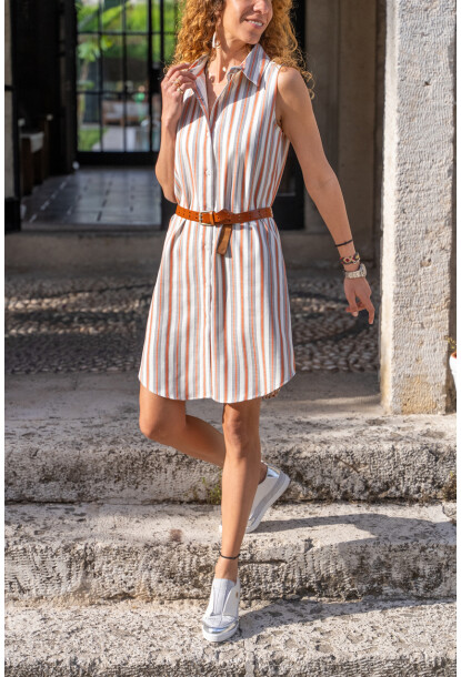 Kiremit Keten Görünümlü Kendinden Desenli Kolsuz Gömlek Elbise BST700-3583