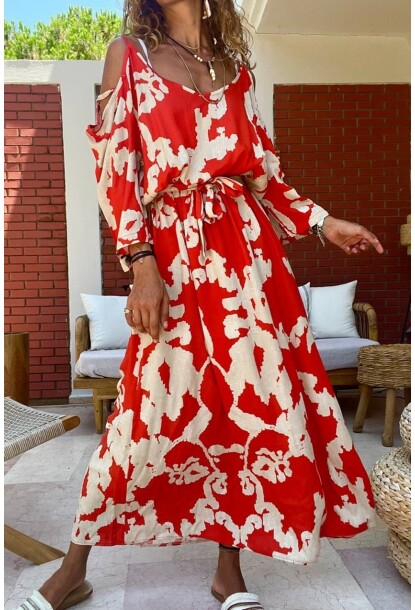 Kadın Kırmızı Beli Lastikli Kemerli Omuz Dekolteli Uzun Elbise BST-3628Kırmızı