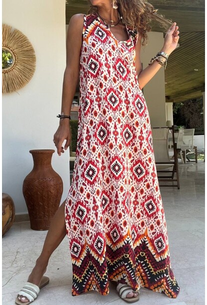 Kadın Kırmızı V Yaka Uzun Yırtmaçlı Su Yollu Salaş Elbise BST3650