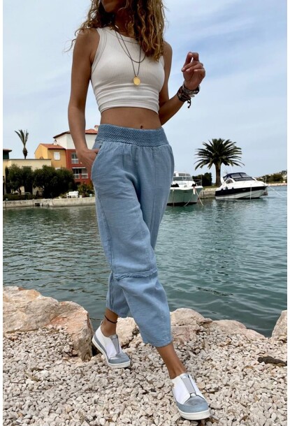 Mavi Beli Lastikli Keten Görünümlü Yıkamalı Cepli Salaş Şalvar Pantolon RSD1230 90 33