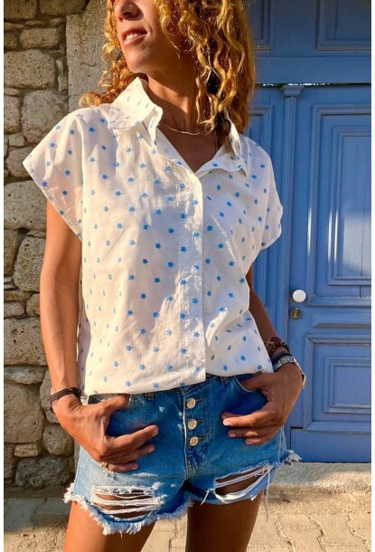 Kadın Mavi Yıldız Nakışlı Kolsuz Salaş Gömlek BST3622