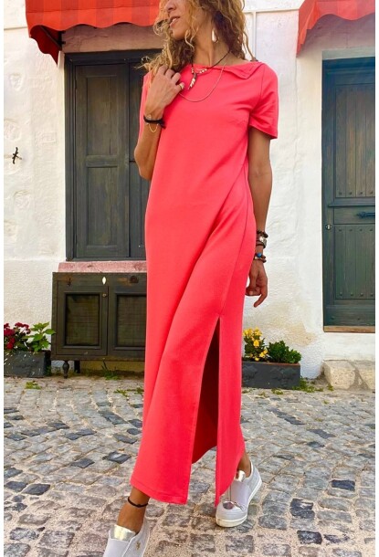 Mercan Omzu Düğmeli Yırtmaçlı Uzun Elbise BST700-3618