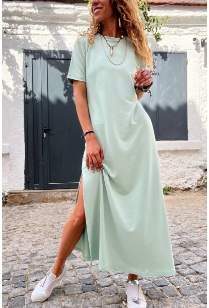 Mint Omzu Düğmeli Yırtmaçlı Uzun Elbise BST700-3618