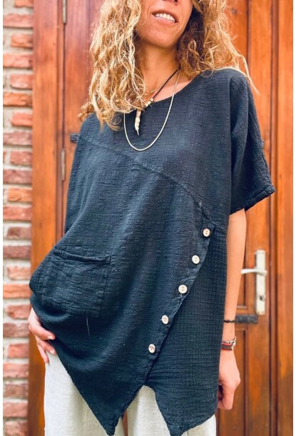 Siyah Asimetrik Kesim Düğme Detaylı Tek Cep Keten Görünümlü Salaş Bluz RSD1232 66 66
