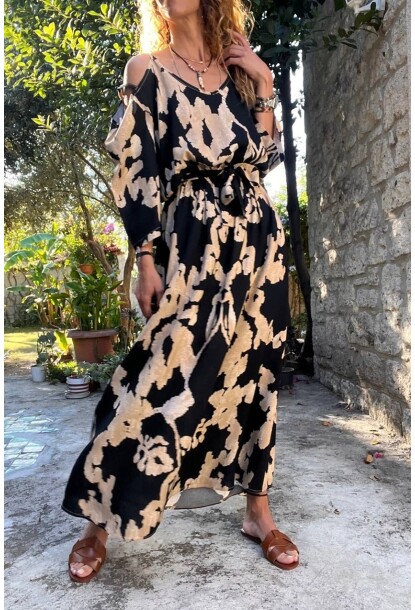 Kadın Siyah Beli Lastikli Kemerli Omuz Dekolteli Uzun Elbise BST-3628Siyah