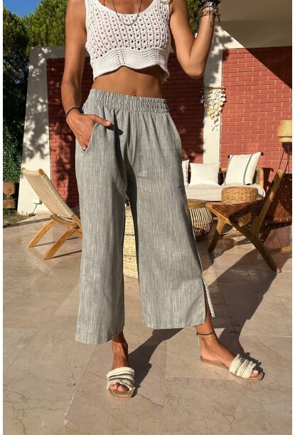 Siyah Keten Beli Lastikli Cepli Paçası Yırtmaçlı Salaş Kapri Pantolon Bst3404