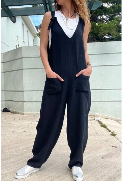 Kadın Siyah Müslin Askılı Cepli Düşük Ağlı Bol Paça Salaş Tulum BST700-3613