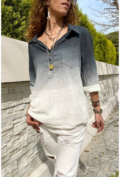 Siyah Yıkamalı Keten Degrade Yarım Pat Bluz Gk-Rsd3009 70 55