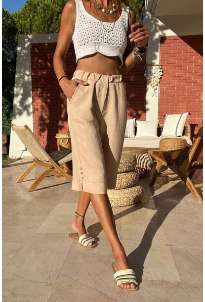 Vizon Beli Lastikli Kendinden Dokulu Yanı Düğmeli Cepli Bermuda Şort BST3146