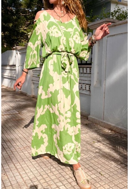 Kadın Yeşil Beli Lastikli Kemerli Omuz Dekolteli Uzun Elbise BST-3628Yeşil