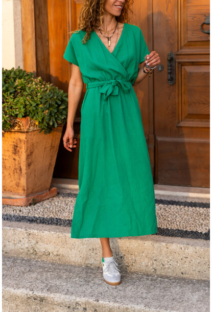 Kadın Yeşil Müslin Kruvaze Kendinden Kemerli Yanı Yırtmaçlı Elbise BST700-3612