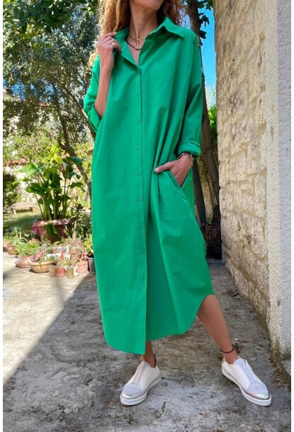 Yeşil Poplin Uzun Cepli Gömlek Elbise BST700-3555