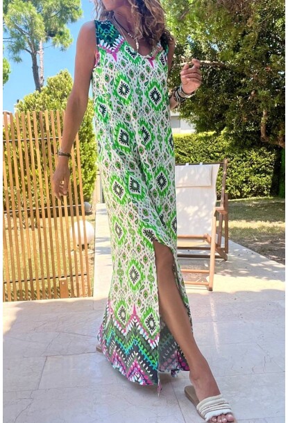 Yeşil V Yaka Uzun Yırtmaçlı Su Yollu Salaş Elbise BST3650