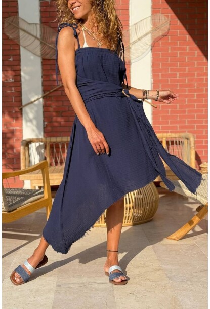 Lacivert Askılı Asimetrik Kendinden Kemerli Müslin Salaş Dokuma Etek Olabilen Elbise 85 60