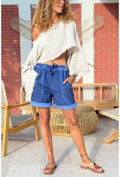 Lacivert Cepli Yıkamalı Lastikli Bel Salaş Dokuma Şort 50 30