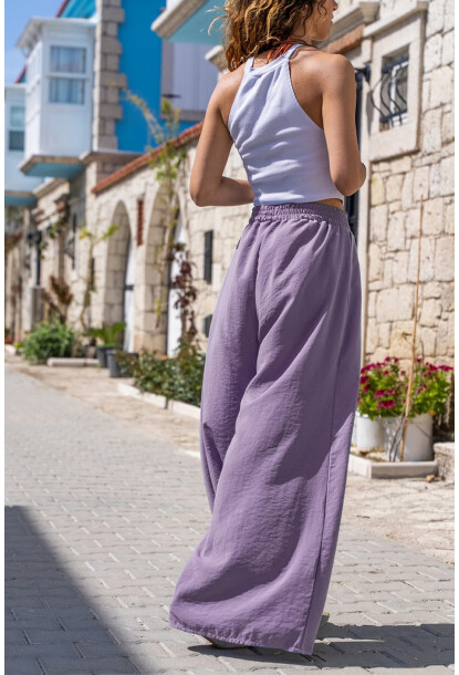 Lila Beli Lastikli Cepli Bol Paça Yumuşak Dokulu Salaş Pantolon BST3391