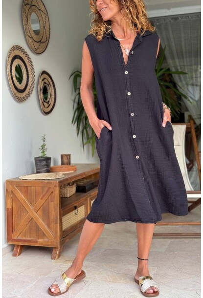 Siyah Cepli Pamuklu Salaş Dokuma Gömlek Elbise 100 60