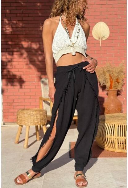 Siyah Yırtmaçlı Pis Dikişli Lastikli Bel Lastikli Paça Müslin Dokuma Pantolon 95 30