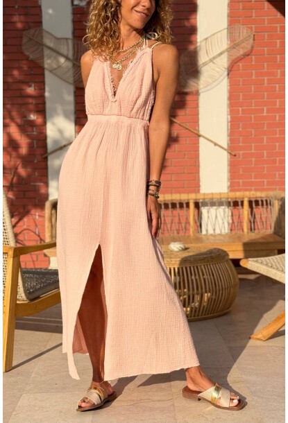 Somon Rengi Boyundan Bağlamalı Yırtmaçlı Sırt Dekolteli Pamuklu Dokuma Elbise 90 35