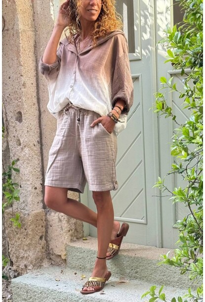 Vizon Cepli Paçası Düğmeli Lastikli Bel Müslin Salaş Dokuma Şort 47 36