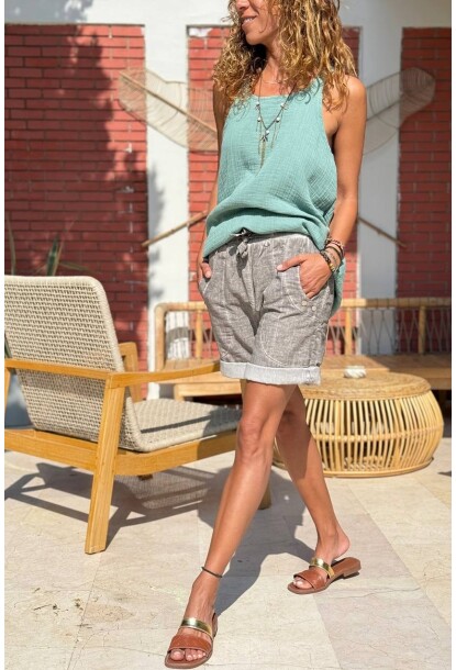 Vizon Cepli Yıkamalı Lastikli Bel Salaş Dokuma Şort 50 30