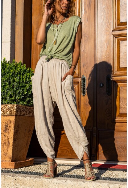 Bej Yıkamalı Keten Cepli Beli Lastikli Şalvar Pantolon GK-CCK58048ND