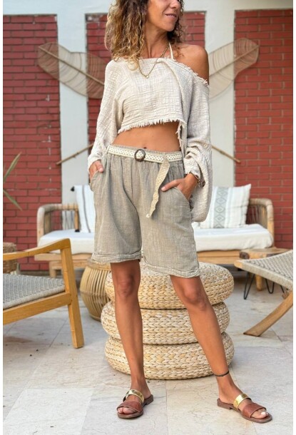 Bronz Cepli Yıkamalı Kemerli Duble Paça Pamuklu Salaş Dokuma Şort 30 45