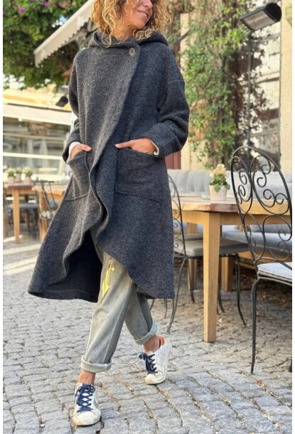 İtalyan Antrasit Kapüşonlu Cepli Oval Etekli Düğmeli Kaşe Salaş Kaban 100 55