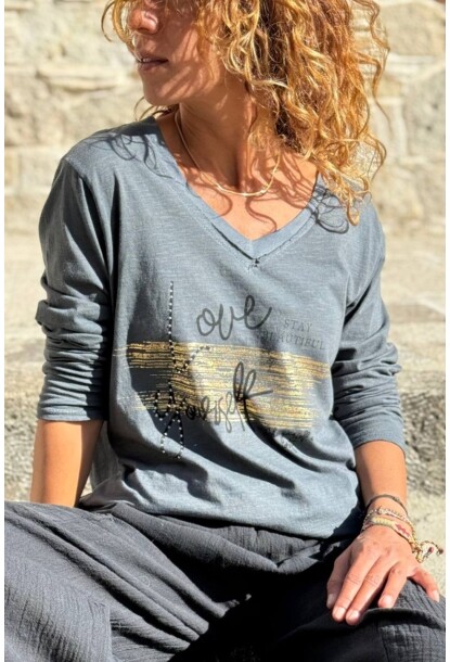 İtalyan Antrasit V Yaka Yumuşak Dokulu Varak Baskılı Pamuklu Bluz 70 50