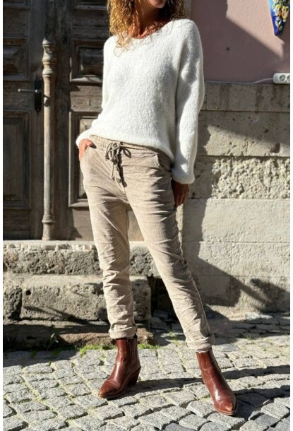 İtalyan Bej Cepli Düğmeli Kadife Lastikli Ve Bağlamalı Bel Pantolon 100 35