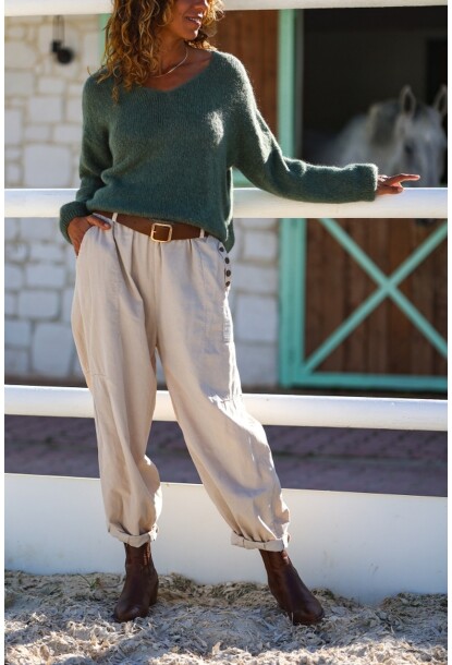 İtalyan Bej Cepli Yumuşak Dokulu Kemerli Kadife Lastikli Bel Salaş Pantolon 100 35