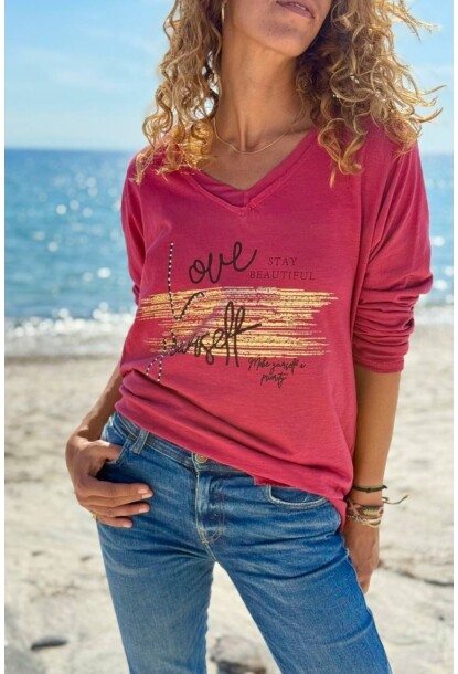 İtalyan Bordo V Yaka Yumuşak Dokulu Varak Baskılı Pamuklu Bluz 70 50